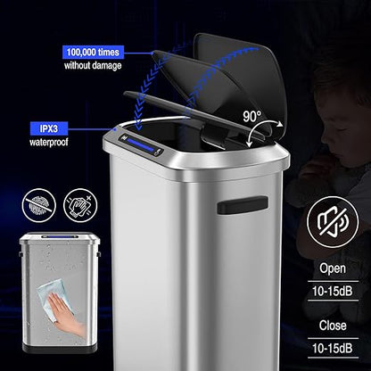 pouseayar Smart Automatic Trash Can with Lid 13 Gallon, Stainless Steel Thickened Body & Super Mute Sensor Lid with 30 Count Garbage Bags for Kitchen Office Bedroom Waste Bin and More - Silver