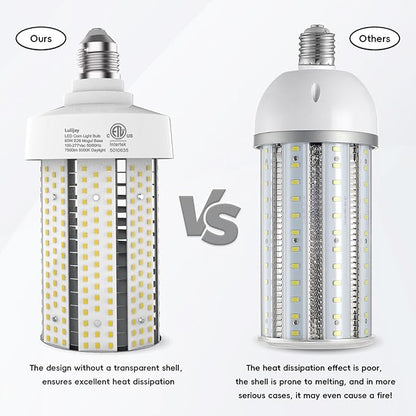60W LED Corn Light Bulb 2-Pack 5000LM 5000K Cob Light Equivalent 600W E26 Base with E39 Adapter for Garage Warehouse Barn Workshop Outdoor Porch