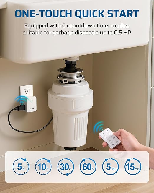 DEWENWILS Garbage Disposal Wireless Switch Kit, 2 Side Outlets, 15A/1875W Remote Control, One-Touch Timer 5s/10s/30s/60s/5min/15min, 100FT Wireless Light Switch for Lamps, Sink, Iron, Coffee Maker