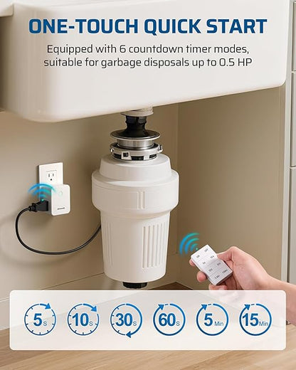DEWENWILS Garbage Disposal Wireless Switch Kit, 2 Side Outlets, 15A/1875W Remote Control, One-Touch Timer 5s/10s/30s/60s/5min/15min, 100FT Wireless Light Switch for Lamps, Sink, Iron, Coffee Maker