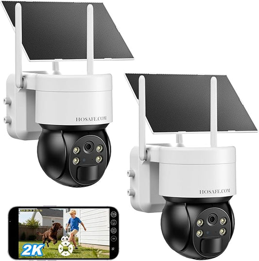 HOSAFE.COM Solar Security Cameras Wireless Outdoor, WiFi Cameras for Home Security, Outdoor Camera with 360° View, 2K HD Color Night Vision, 2-Way Audio, SD/Free Cloud Storage (Need Apply), 2 Packs