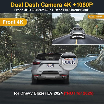 Fitcamx Front 4K+Rear 1080P Dash Cam for 2024 Chevy Blazer EV LT RS (HD2-D1300) with Auto-Dimming, OEM Look, 2 Way HD Video, Built-in WiFi & APP, Loop Recording, G-Sensor, Easy to Set, 128GB Card