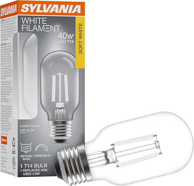 Sylvania T14 Clear LED White Filament Bulb, 3.5W, Dimmable, 300 LMS, Medium Base, 2700K, Soft White - 1 Pack (42266)