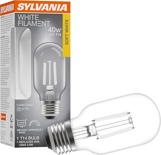 Sylvania T14 Clear LED White Filament Bulb, 3.5W, Dimmable, 300 LMS, Medium Base, 2700K, Soft White - 1 Pack (42266)