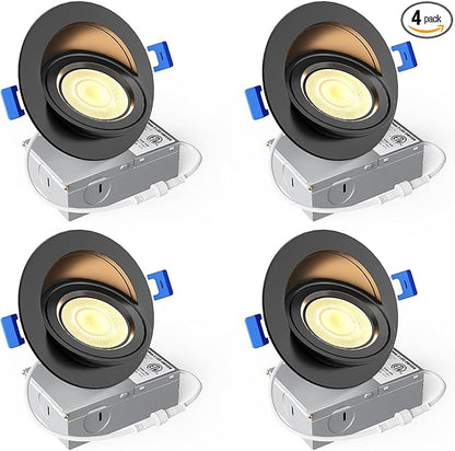 Ensenior 4 Pack 4 inch 5CCT LED Gimbal Led Recessed Light with Junction Box, 360°+90° Adjustable Directional Lighting, Dimmable, CRI90+, 2700K/3000K/3500K/4000K/5000K, 900LM, 10W=85W-ETL&FCC, Black
