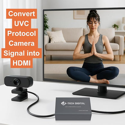 J-Tech Digital UVC to HDMI Converter Adapter 4K 30Hz, USB Camera to HDMI Output with On-Screen Controls, Live Streaming Support, Camera Charging, Works with UVC Webcams Capture Cards [JTECH-UHC-4K30]