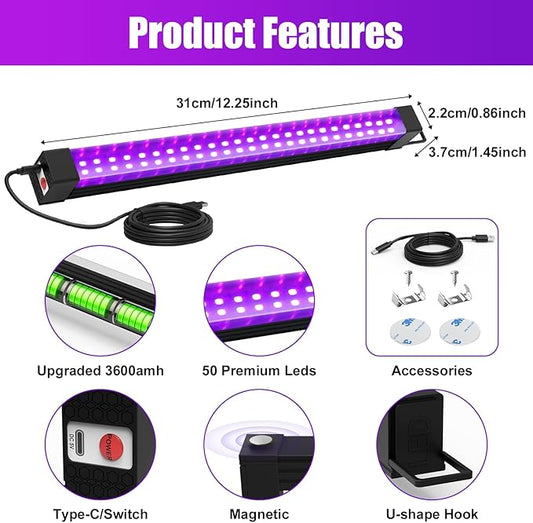 Rechargeable Black Light Bar 4 Packs, Battery Powered Black Lights for Glow Party, Cordless UV Strip Lights with On/Off/Dimma/Flash Switch, for Neon,Uranium Glass, Classroom,Paint, Poster,Stage