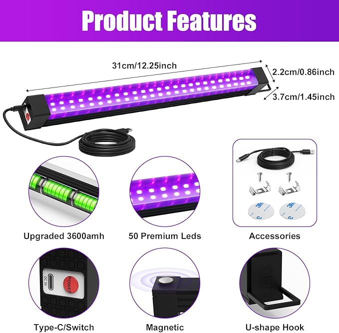 Rechargeable Black Light Bar 2 Packs, Battery Powered Black Lights for Glow Party, Cordless UV Strip Lights with On/Off/Dimma/Flash Switch, for Classroom, Neon,Uranium glass,Paint, Poster,Stage
