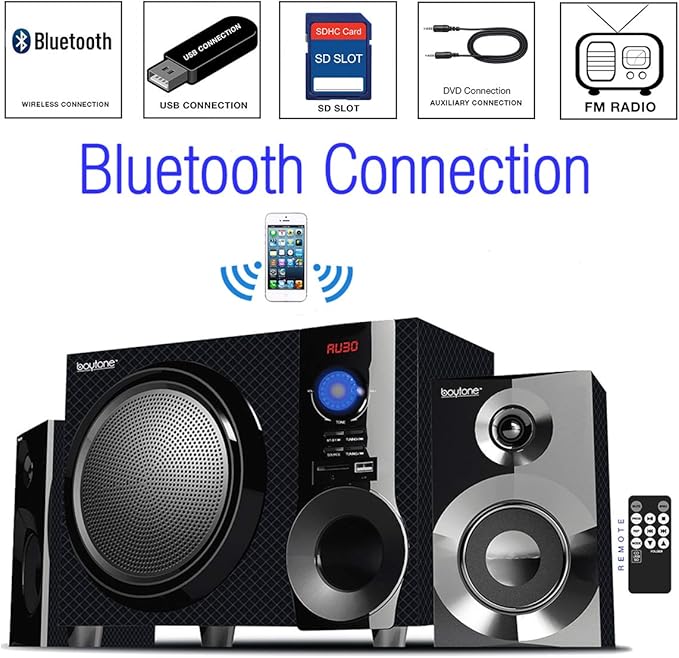 Boytone BT-210FD, Ultra Wireless Bluetooth Main unit, Powerful Sound with Powerful Bass System 30 watt, Excellent Quality Clear Sound & FM radio, with Remote Control Aux Port, SB/SD/ for Smartphone's , Tablets , Desktop Computers , Laptops ,Black Color