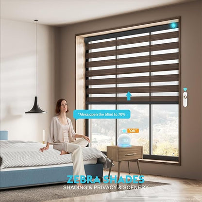 Motorized Zebra Blinds with Remote Smart Blind Work with Homekit Alexa SmartThings Electric Day and Night Shade Cordless Automatic Solar Powered Window Shade Customize(Wooden Texture Brown)