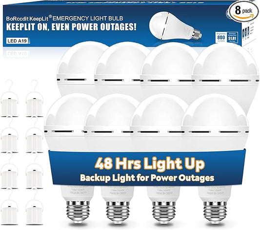 BoRccdit KeepLit 8 Pack Emergency Rechargeable Light Bulbs, 48H Long Lasting & 3 Brightness Power Outage Lights,12W 5000K Battery Backup Emergency Light Bulbs for Home Power Failure Hurricane