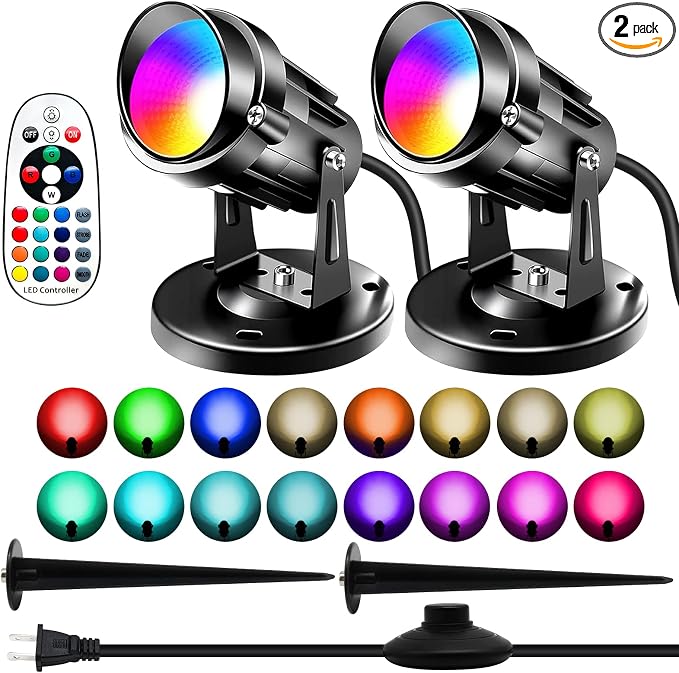 RGBW Spot Lights Indoor, 6W Uplighting 16 Color Changing Uplights Indoor with Remote Control, Plant Spotlight Party Decorative with Base and Stake,2 Pack