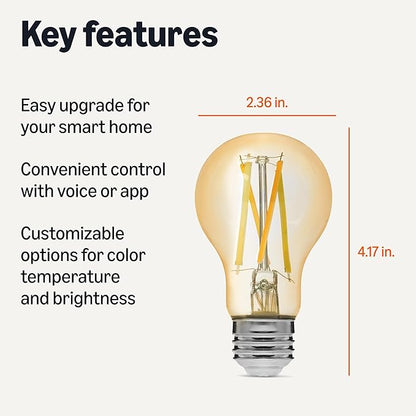 Amazon Basics A19 Smart Filament LED Bulb, Tunable White, 2.4 GHz Wi-Fi, Works with Alexa Only, 2-Pack