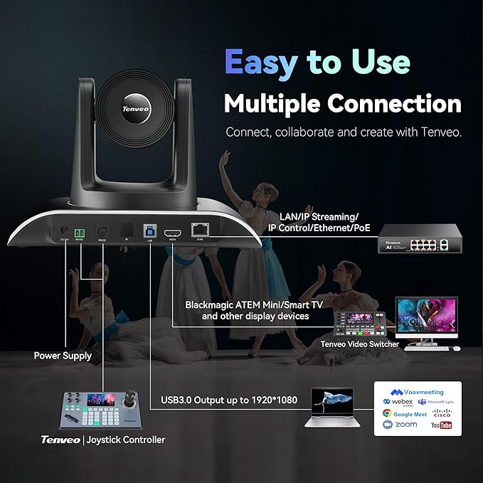 Tenveo HDMI/USB3.0/LAN(PoE) PTZ Camera AI Humanoid & Face Auto-Tracking, 20X Optical Zoom PTZ Camera IP Live Streaming, FHD 1080P 60FPS, for Church Services Worship Video Conference Live Streaming