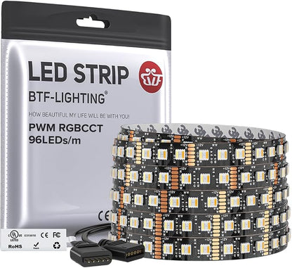 BTF-LIGHTING RGBCCT LED Strip UL Listed 16.4ft 96LED/m 300LED DC12V IP30 | Black LED Tape 12mm wide 5 Colors in 1 RGB+Dimmable Tunable Color Temperature 2700K-6500K for Decor(No Adapter or Controller)