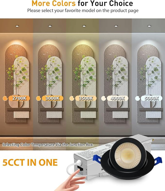 Adetu 2 Inch 5CCT Gimbal Black Led Recessed Lighting with Junction Box, 360°+90° Adjustable Led Recessed Lights, 2700K/3000K/3500K/4000K/5000K, 5W Eqv 50W, 550LM Brightness - ETL (Black, 12 Pack)