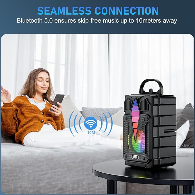 Dnil Portable Speaker with Voice Control, RGB Multi-Color Rhythm Light, Support TWS Pairing, Support USB/TF/FM/AUX Connection, Suitable for Home Party or Outdoor Use (Black)