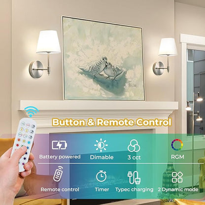 Rechargeable Light Bulb with Remote and Timer Rechargeable Magnetic Bulbs for Sconces and Lamps E26 Battery Light Bulb 3 Color Temperatures,15 RGB Colors,2 Pack