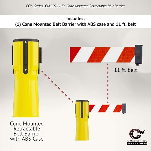 Trafford Industrial 11' Cone-Mounted Retractable Belt Barrier, NO Entry | Orange ABS Case, Red 2-inch Herringbone Belt with White Lettering, 4-way Receiver and Belt-braking Technology.