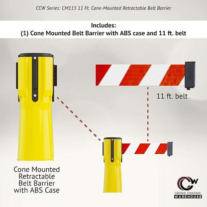 Trafford Industrial 11 Ft. Cone-Mounted Retractable Belt Barrier | Orange ABS Case and Brown 2-inch Herringbone Webbing, Fits Standard Traffic Cones, 4-way Receiver with Controlled Retraction