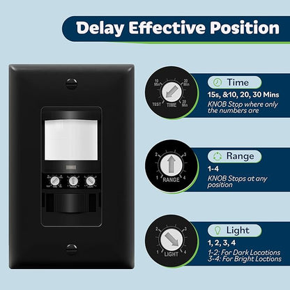 TOPGREENER in Wall PIR Motion Sensor Light Switch, Occupancy Sensor Switch, 𝐍𝐞𝐮𝐭𝐫𝐚𝐥 𝐖𝐢𝐫𝐞 𝐑𝐞𝐪𝐮𝐢𝐫𝐞𝐝, On/Off Override, 𝐒𝐢𝐧𝐠𝐥𝐞 𝐏𝐨𝐥𝐞, 4A, 500W, TSOS5-BKWP,Black,2 Pack