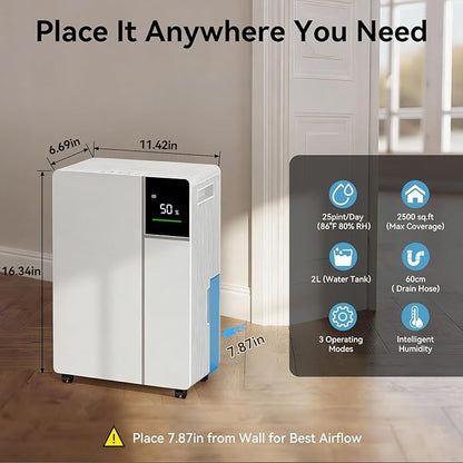 2500 Sq.Ft 25 Pints Dehumidifier for Home and Basements, Dehumidifiers for Bedroom with 32dB Sleep Mode, Auto or Manual Drainage, Intelligent Humidity, 3 Modes, Safe Dehumidifier for Bathroom, Garage