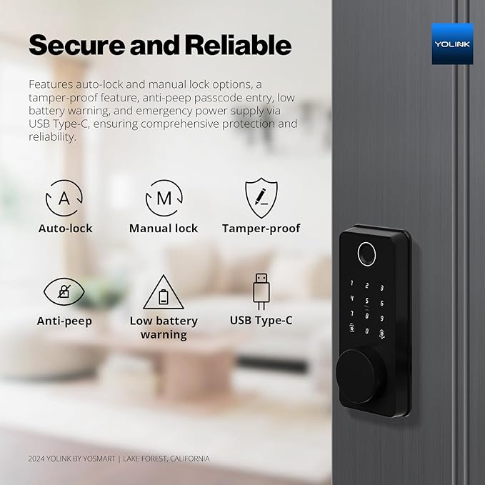 YoLink Smart Deadbolt Lock with Fingerprint, Keypad, IC Card, Fob and App Control LoRa Long Range, Alexa, Google, IFTTT and Home Assistant YoLink Hub Required