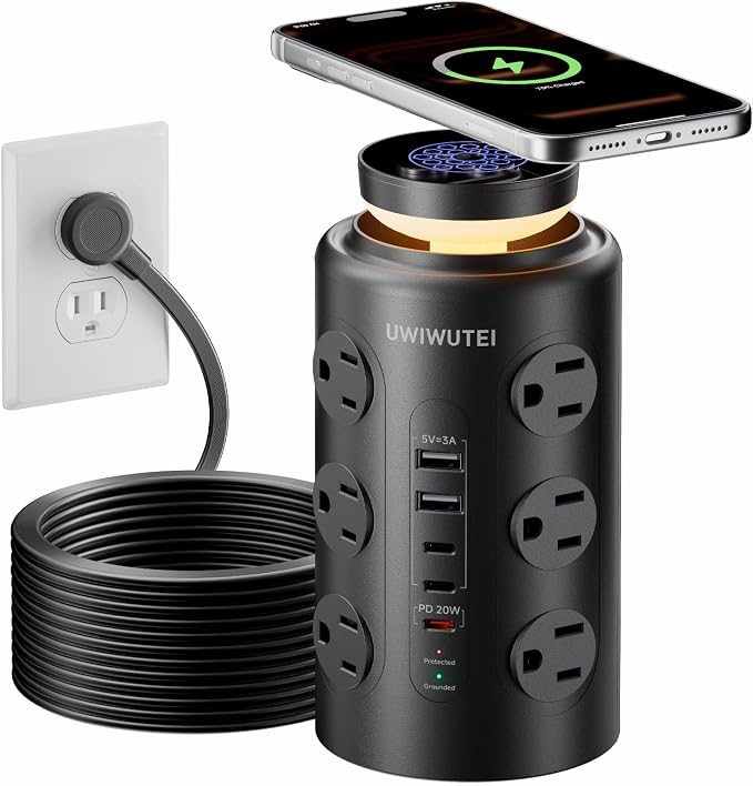 Tower Power Strip with Wireless Charging & Night Light - PD20W Fast Charging Station,12 Outlets, 5 USB (3 USB-C),1800J Protection, 6FT Extension Cord, Home Office Essentials (Black)