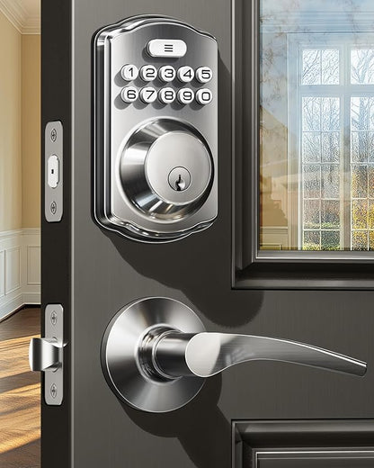 Veise Keyless Entry Door Lock with 2 Lever Handles - Electronic Keypad Deadbolt, Easy Installation Digital Smart Front Door Lock Set, Satin Nickel