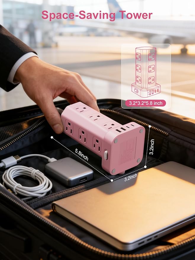 Power Strip Tower Surge Protector, 6FT Flat Plug Extension Cord with Multiple Outlets, 12 AC Outlets 4 USB (2 USB C), Desktop Charging Station with Surge Protection for Home Office Dorm Room, Pink