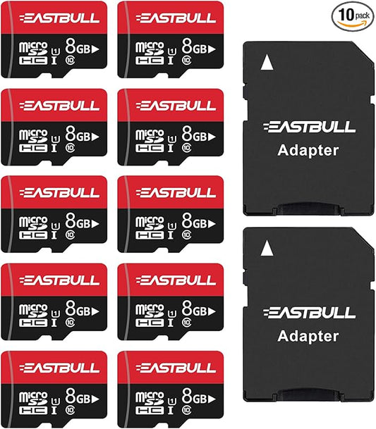 EASTBULL 8GB 10-Pack of Micro SD Cards, SD Memory Card 8GB SD Cards Pack Full HD Video 90MB/s UHS-I U1 Micro SDHC Class 10 for Surveillance Security Cam (10 Units and 2 Adapters)