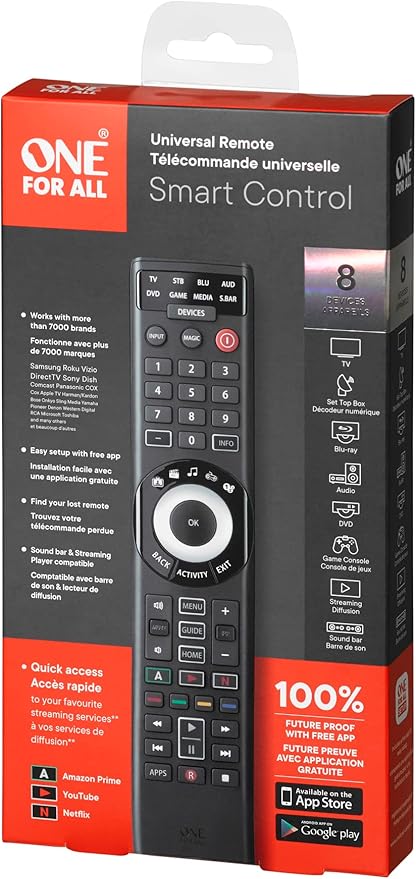 One for All URC7880 Universal Smart Remote Control up to 8 Devices with Free Setup App - Easy Learning Feature - Infrared Connectivity Technology and 3 Shortcut App Keys – Black