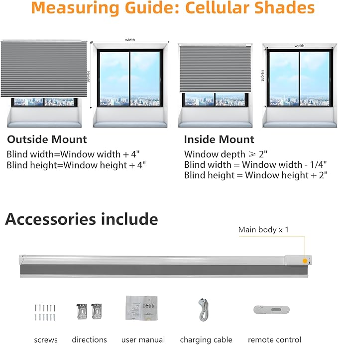 Motorized Cellular Shades Cordless Light Filtering Rechargeable Window Curtains with Remote for Privacy Protection Smart Home Electric Automatic Honeycomb Blinds for Windows, 36" x 48", Grey