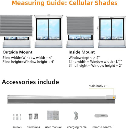 Motorized Cellular Shades Cordless Blackout Rechargeable Window Shades with Remote for Privacy Protection Smart Home Electric Curtains Automatic Honeycomb Blinds for Windows, 40" x 48", Grey
