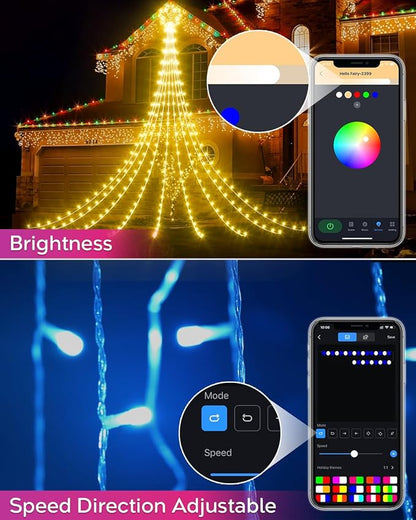 Smart Outdoor Christmas Waterfall Star String Lights, 12FT Dynamic RGB Led Tree Lights DIY Color Changing App Remote Control Unique Yard Lights for Outside Roof Home Xmas Holiday Decorations