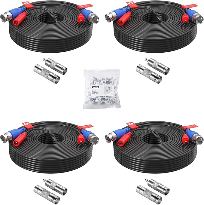 ZOSI 4 Pack 100ft (30 Meters) 2-in-1 Video Power Cable, BNC Extension Surveillance Camera Cables for Video Security Systems (Included 4X BNC Connectors and 4X RCA Adapters)