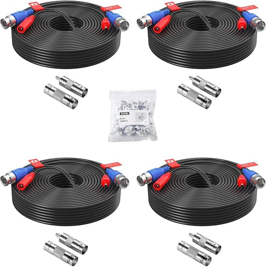 ZOSI 4 Pack 100ft (30 Meters) 2-in-1 Video Power Cable, BNC Extension Surveillance Camera Cables for Video Security Systems (Included 4X BNC Connectors and 4X RCA Adapters)