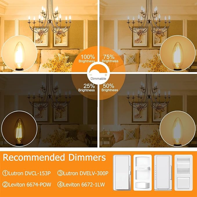 Cotanic E12 LED Bulb Dimmable 3000K Soft White, LED Candelabra Bulbs 60Watt Equivalent, Small Base Type B Light Bulbs, Candle Shape Chandelier Light Bulbs Clear Glass, 600LM, 24 Pack