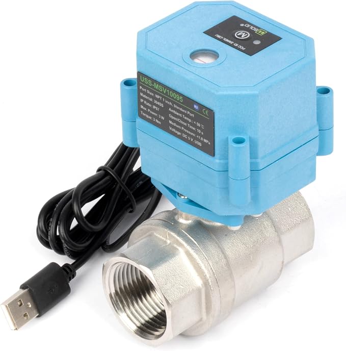 U.S. Solid WiFi Smart Motorized Ball Valve 1 Inch NPT 2-Way 304 Stainless Steel Electric Actuated Valve USB Powered NSF Certified for Water Irrigation