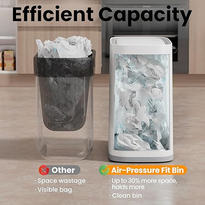 Slim Bathroom Trash Can with Lid and Wheels, 2.1 Gallon Small Garbage Can - Air-Press Bag Expander, Inner Bucket, Odor & Pet Proof, Press Top, Plastic Trash bin for Kitchen, Office, Bedroom,Toilet, RV