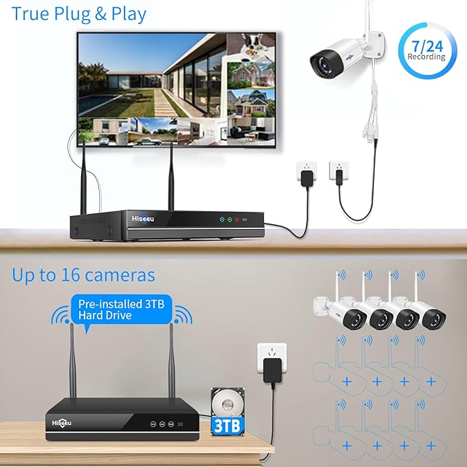 Hiseeu 5MP Wireless Security Camera System with 12 Outdoor Cameras, 16CH WiFi NVR, Color Night Vision, Spotlight & Siren, 2-Way Audio, 3TB Hard Drive, 24/7 Recording, Home Surveillance Kit