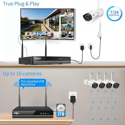 Hiseeu 5MP Wireless Security Camera System with 12 Outdoor Cameras, 16CH WiFi NVR, Color Night Vision, Spotlight & Siren, 2-Way Audio, 3TB Hard Drive, 24/7 Recording, Home Surveillance Kit