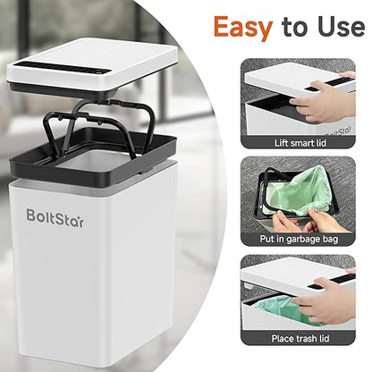Solar Automatic Trash Can: 4 Gallon Motion Sensor Garbage Can, No Charging Required, Slim Smart Touchless Trash Bin with Lid for Bedroom, Living Room, Bathroom, Office, RV, White