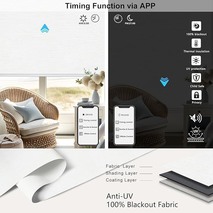 Aprilsmart Motorized Blinds with Remote,Compatible with Apple HomeKit Alexa Google Home- Voice and app Control,Motorized Roller Shades 100% Blackout Custom Size(Safari White-03)