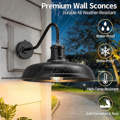 16 Inch Dome Dusk to Dawn Gooseneck Barn Light Outdoor, Large Farmhouse Exterior Light Fixture Wall Mount, Industrial Outdoor Wall Sconce Outside Lantern for House, Porch, Garage, Entryway, Black