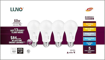 LUNO A19 Dimmable LED Bulb, 9W (60W Equivalent), 800 Lumens, Color Selectable, 2700K, 3000K, 3500K, 4000K, 5000K, 5CCT, UL Listed (4-Pack)