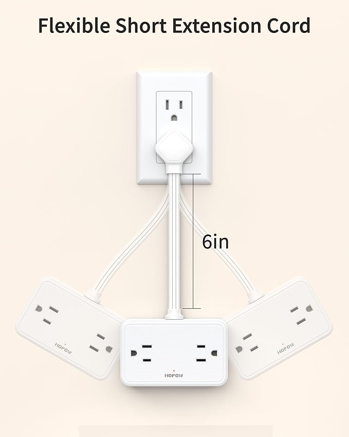 HOPOW Short Extension Cord 0.5FT, Flat Plug Outlet Extender with 4 Outlets & 4 USB Ports(2 USB C), No Surge Protector for Cruise Ship, Multiple Outlet Small Power Strip for Home Office Travel