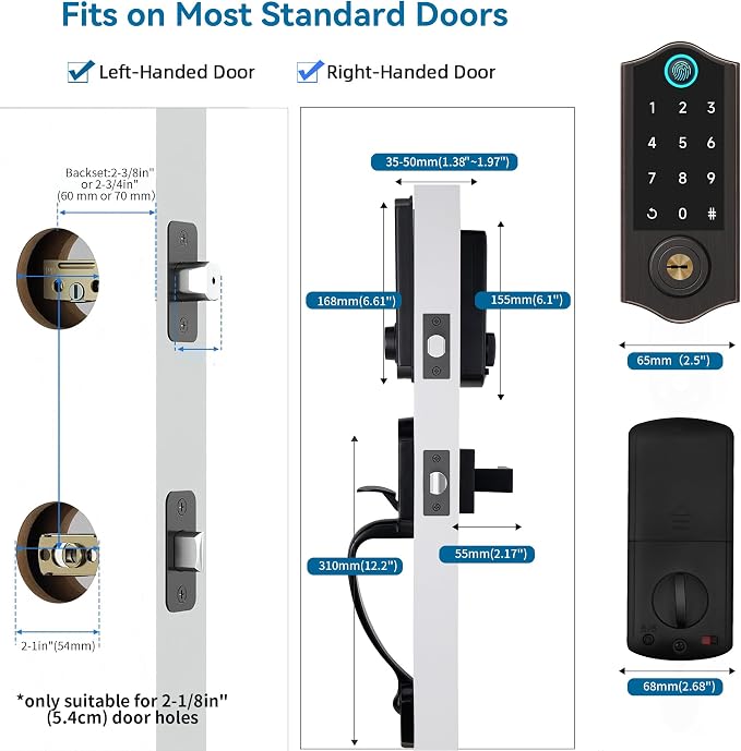 Fingerprint Smart Door Lock for Front Door with Handle Set, App Control, Keyless Entry Keyless Deadbolt, Digital Electronic Touchscreen Keypad, Auto Lock, Aged Bronze