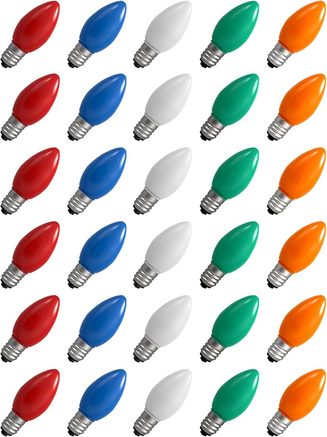 30-Pack C7 LED Replacement Christmas Light Bulbs, Multicolor Shatterproof Outdoor String Light Bulbs, 0.6W Energy Saving, E12 Candelabra Base, Fade-Resistant Holiday Colors