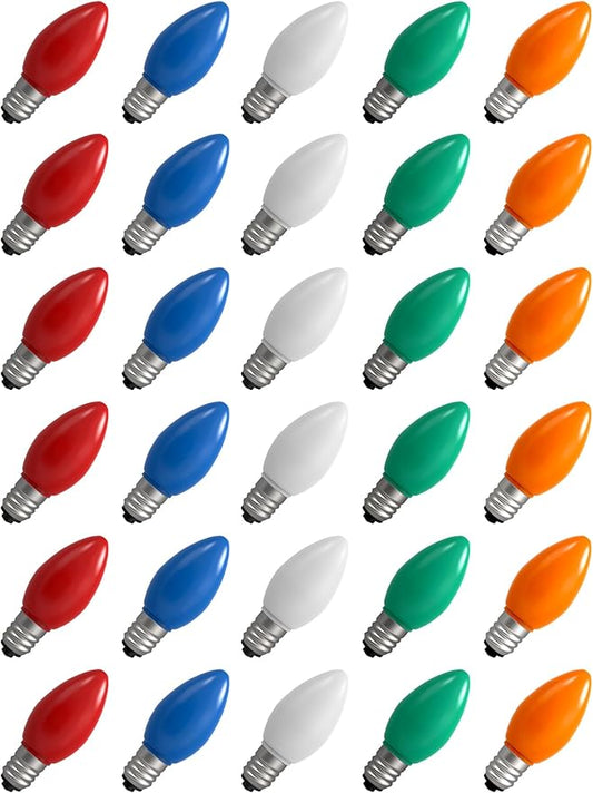 30-Pack C7 LED Replacement Christmas Light Bulbs, Multicolor Shatterproof Outdoor String Light Bulbs, 0.6W Energy Saving, E12 Candelabra Base, Fade-Resistant Holiday Colors